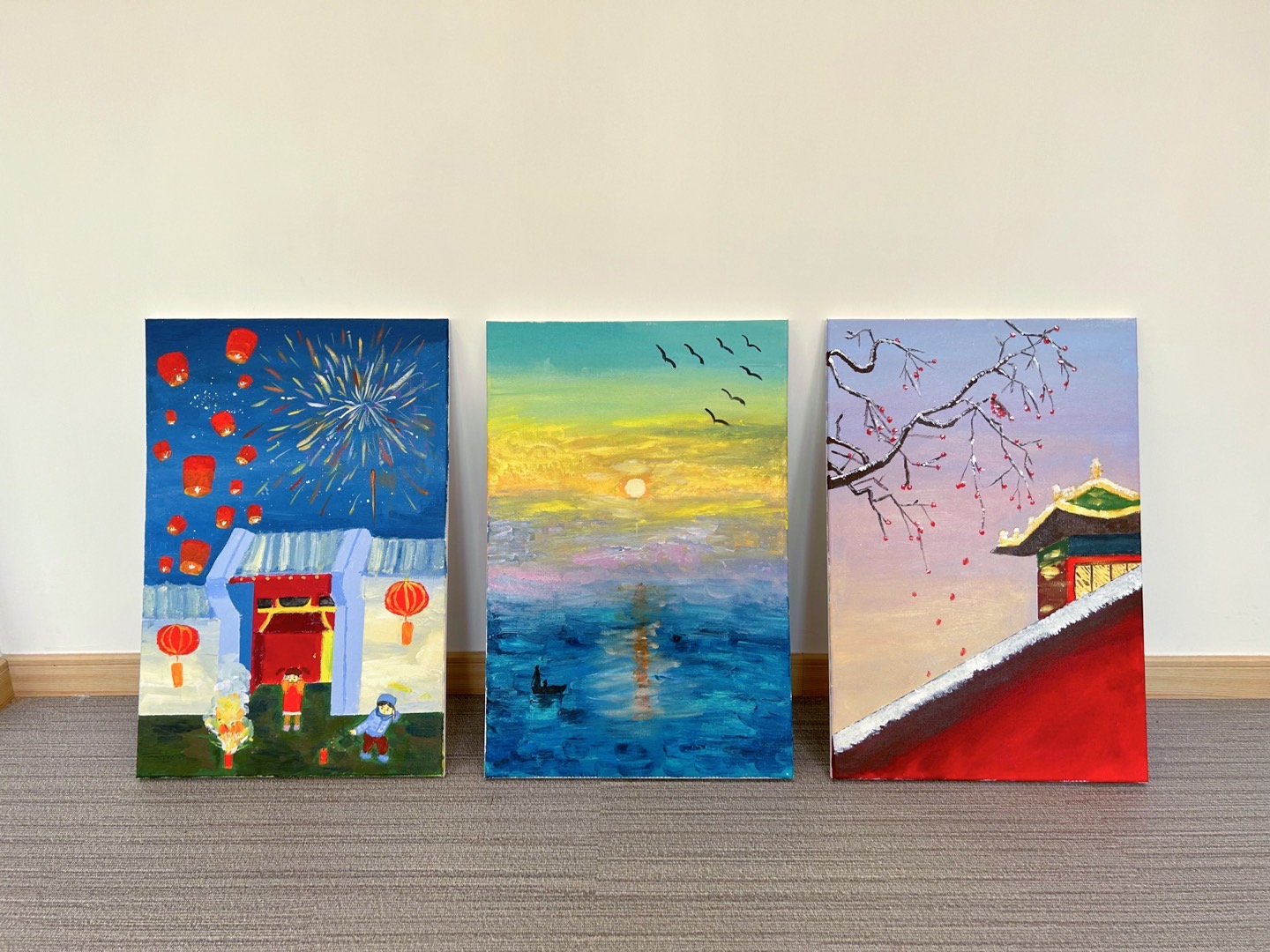 Three original paintings from Ai Xu's school art exhibition
